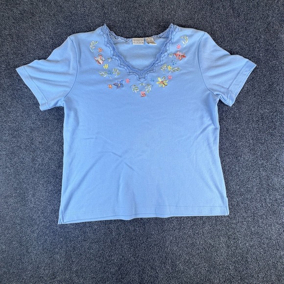 Koret Tops - Koret Francisca Blouse Top Womens Large Blue Floral Embroidered Scalloped V Neck